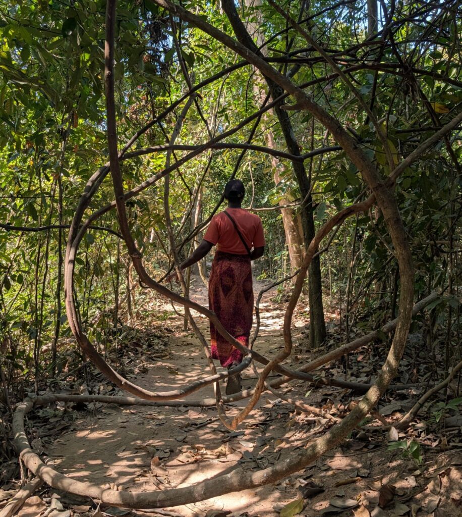 Mary-Ann walking through an overgrown section of a path in Siem Reap.