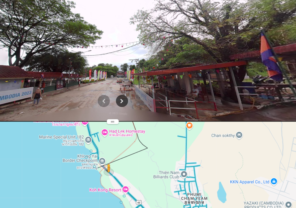 A screenshot of google maps, showing how undeveloped and secluded the Thailand to Cambodia border crossing we used, was.