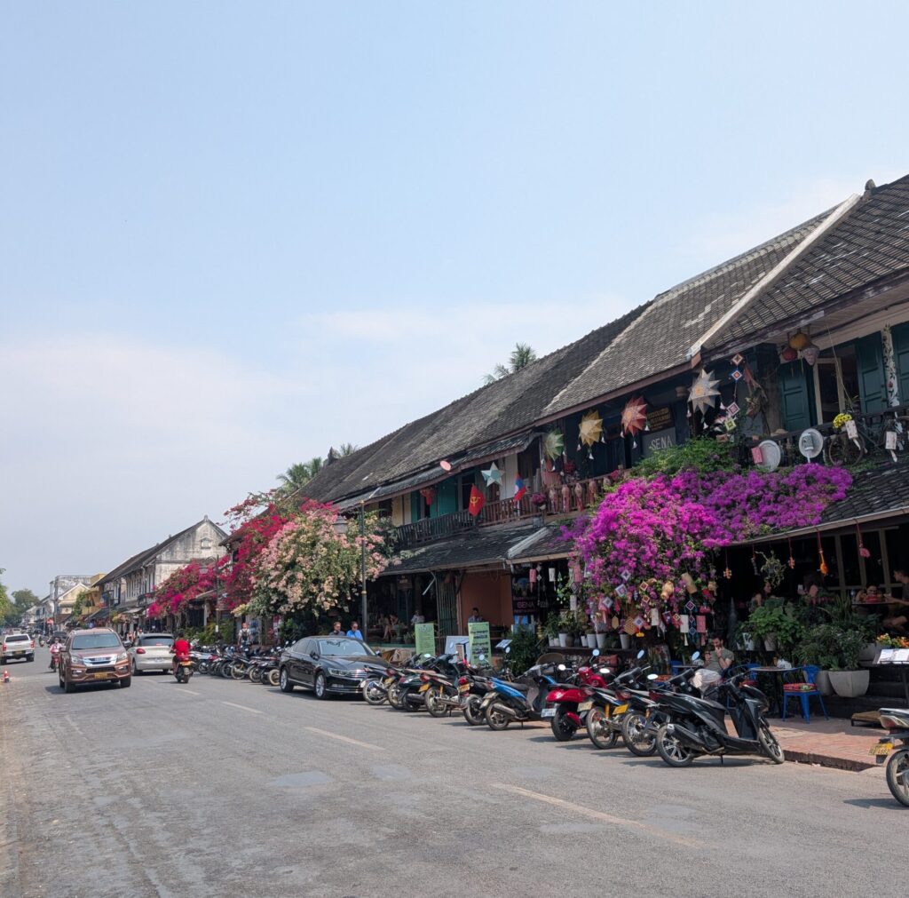 A shot of a flowery colonial street in Luang Prabang.