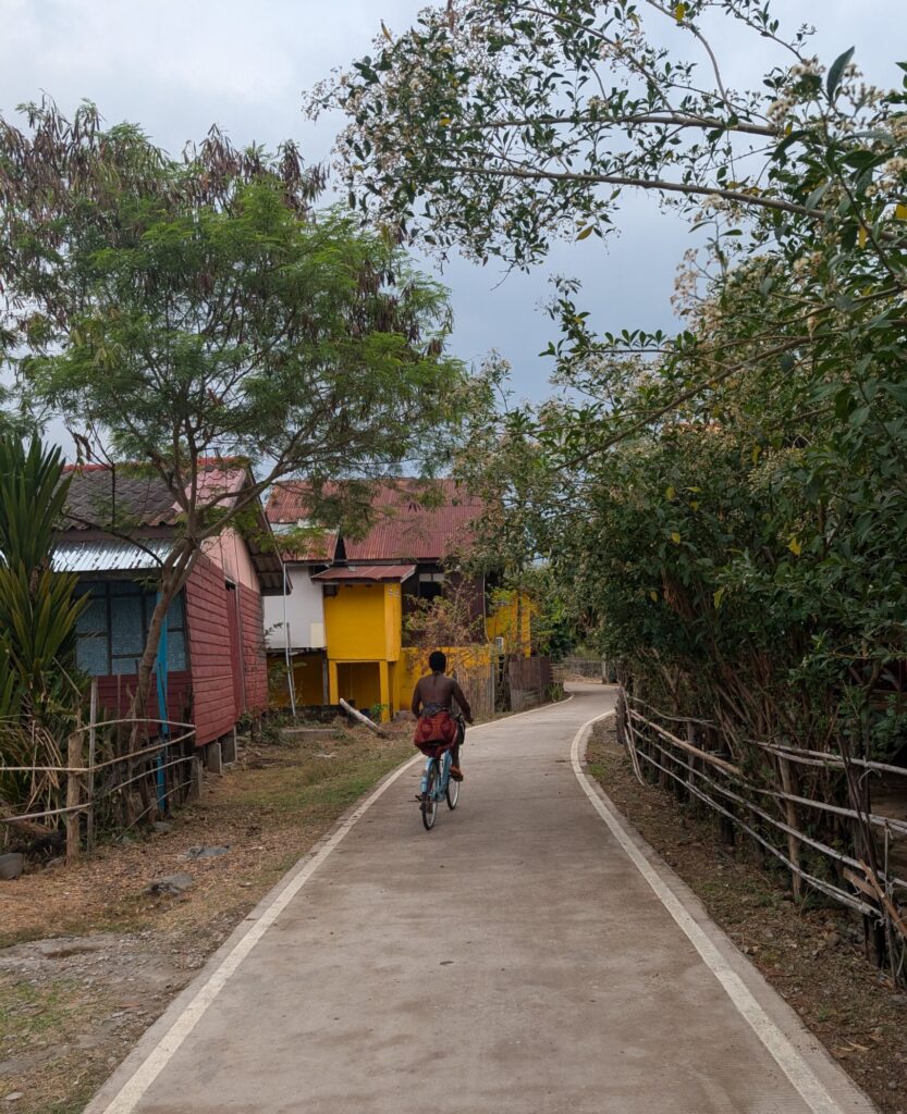 Mary-Ann riding a bicylce down a path on Don Det island.