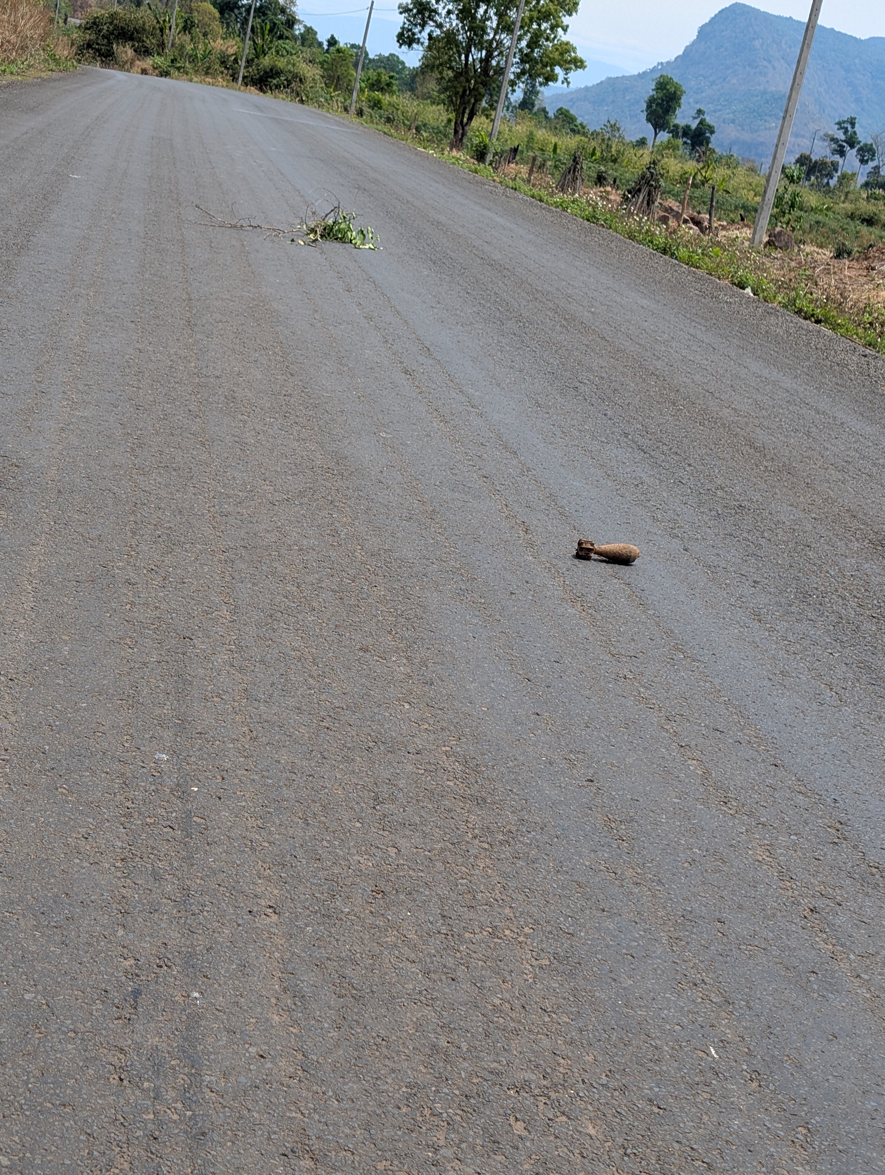 A photo of a small bomb in the middle of the road on the Pakse Loop.