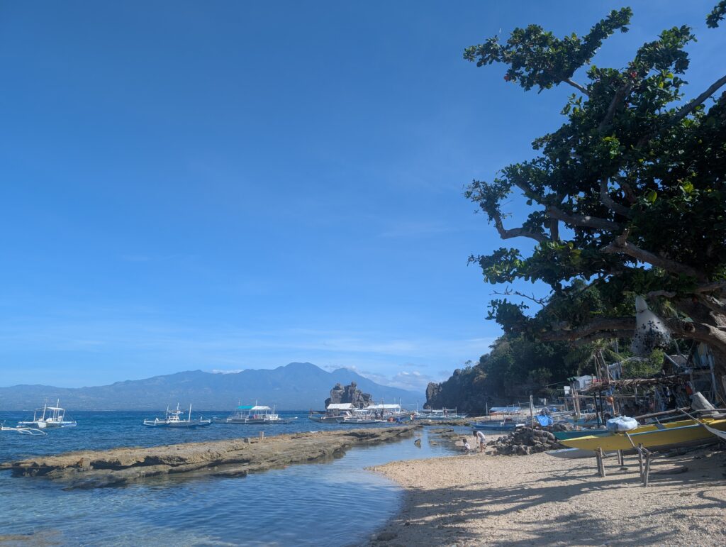 A very small, locals beach on Apo island, covered in fishing boats and shacks.