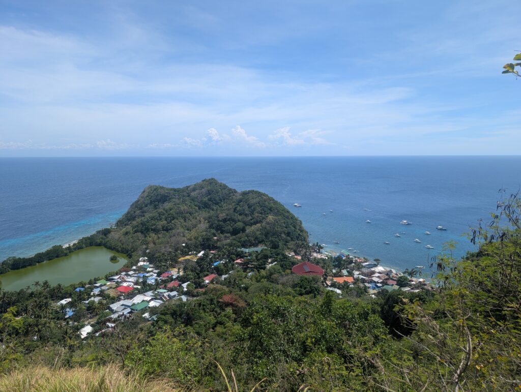 A view out from a view point on Apo Island, you can see the village, the trees, a lagoon, and an expanse of ocean.