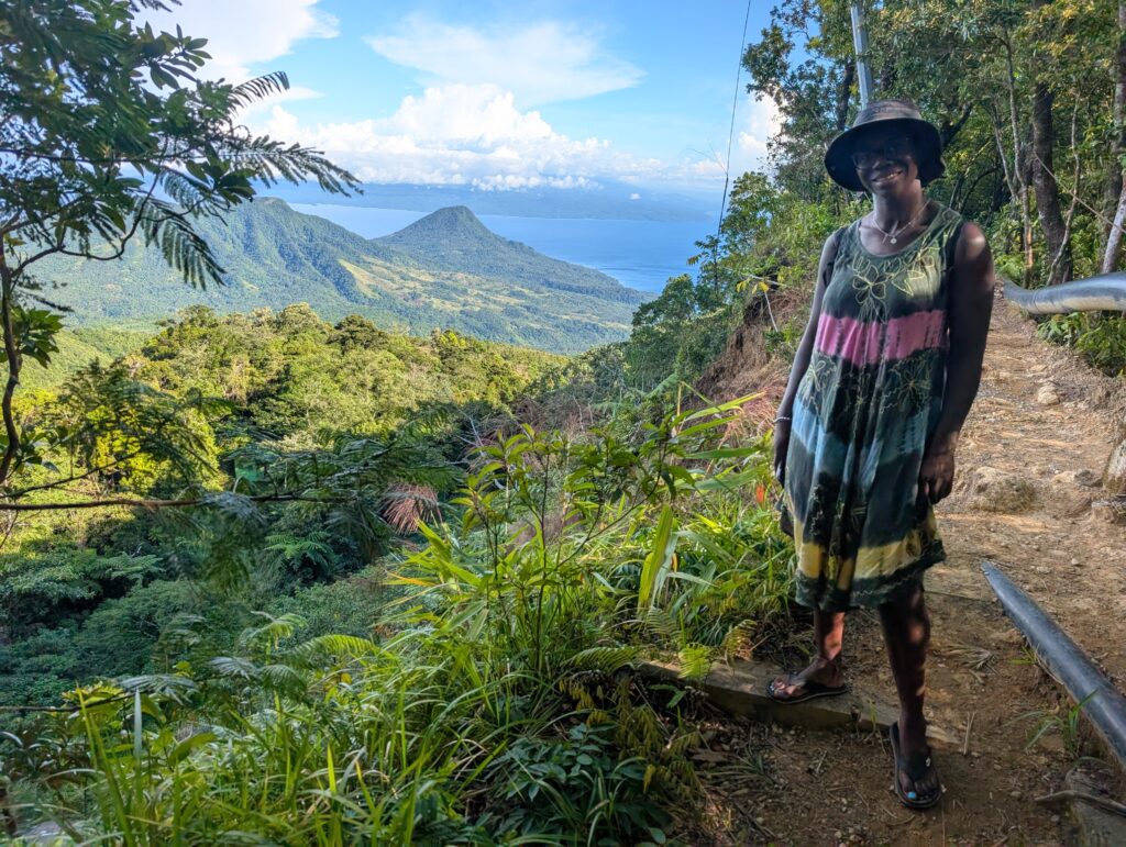 Mary-Ann standing infront of an epic Island view, across forest, mountain and sea.