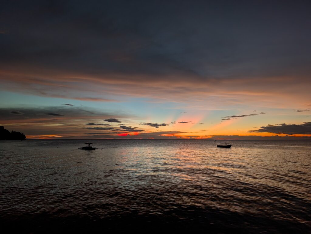One of the most spectacular evening skies we saw on our entire trip. Red and orange crepuscular rays stretching across the sky.