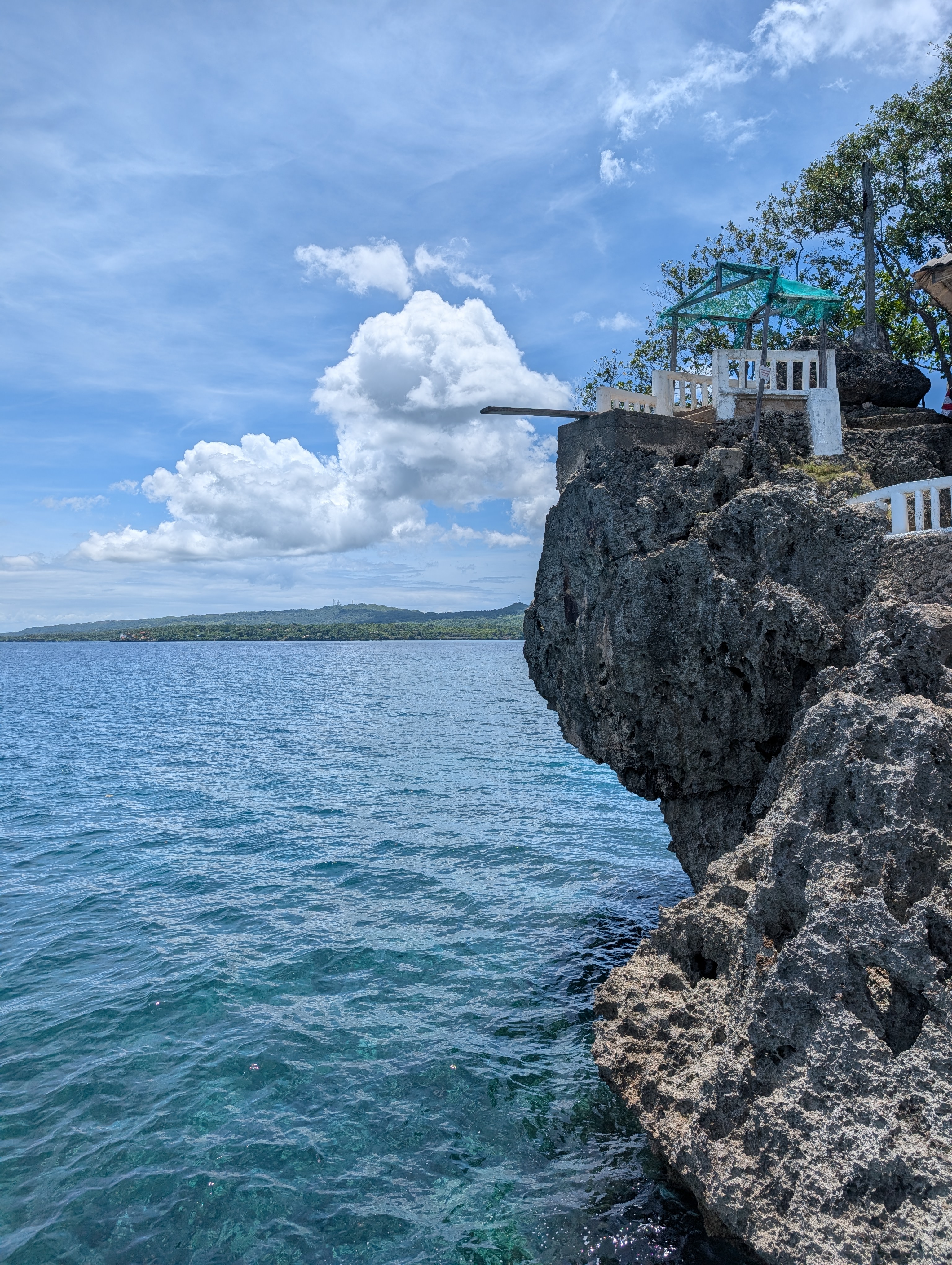 An image of a rocky cliff with a wooden-plank-diving board on the top. 