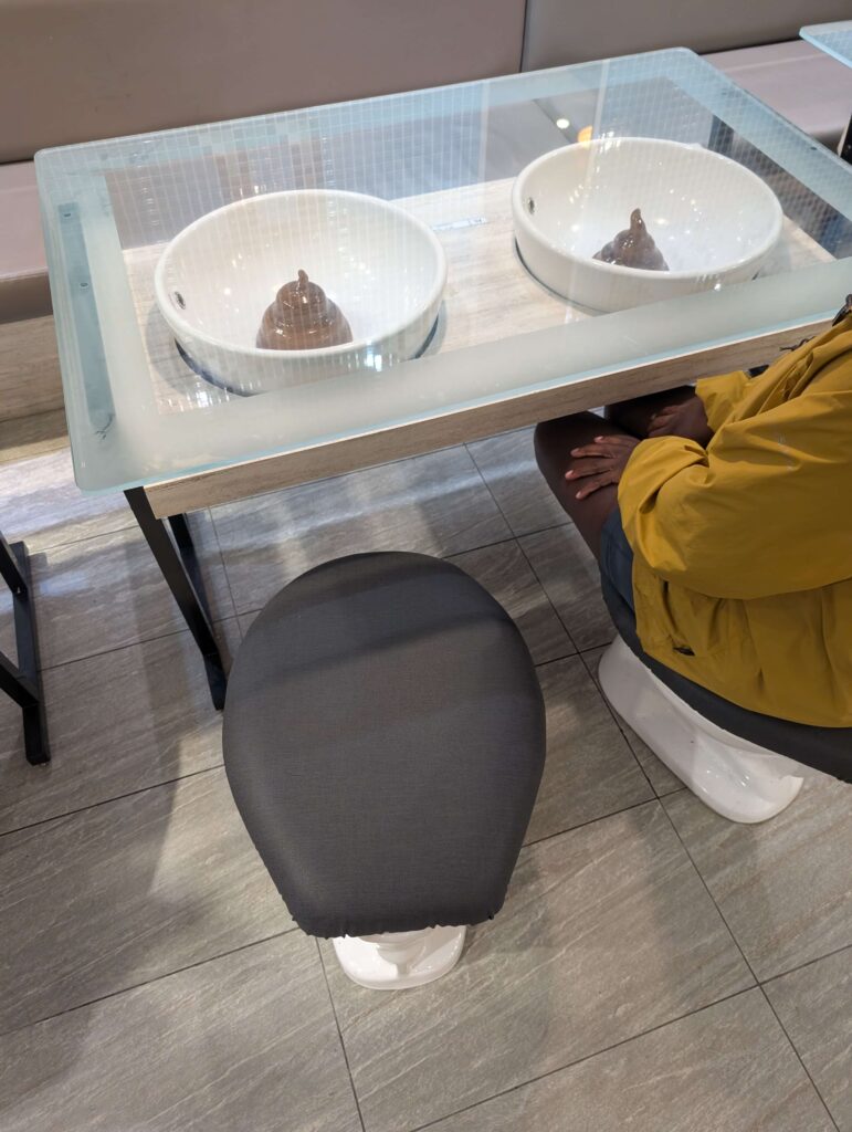 An image from inside the toilet restaurant, you can see Mary-ann sat on a toilet-chair.