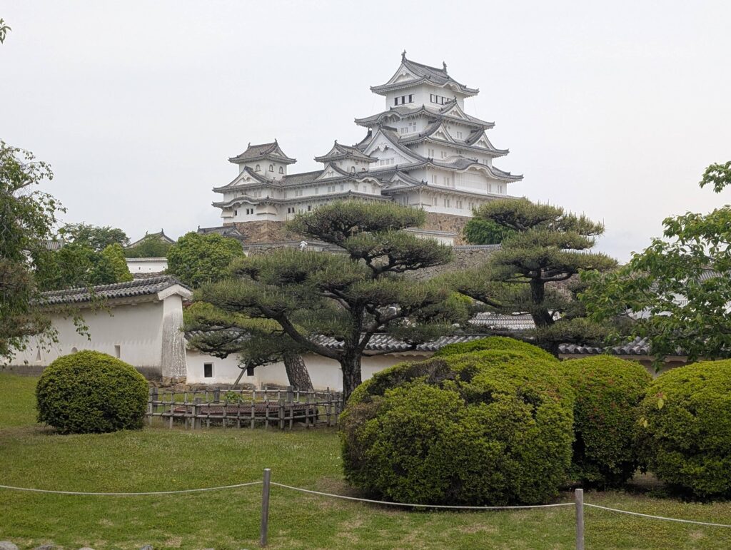 An image of Himeji castle standing high above sculpted trees.