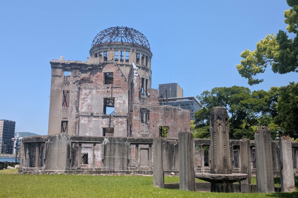 An image of the only remaining building that survived the nuclear bomb in the centre of Hiroshima.