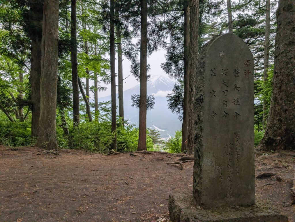 An image of a enscribed stone, with Mt. Fuji in the background.